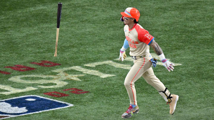 Jul 16, 2024; Arlington, Texas, USA; American League outfielder Jarren Duran of the Boston Red Sox (16) tosses his bat after he hits a two run home run during the fifth inning against the National League in the 2024 MLB All-Star game at Globe Life Field. Jul 16, 2024; Arlington, Texas, USA; American League outfielder Jarren Duran of the Boston Red Sox (16) tosses his bat after he hits a two run home run during the fifth inning against the National League in the 2024 MLB All-Star game at Globe Life Field.