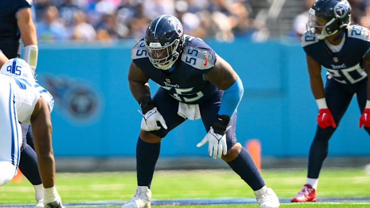 Oct 13, 2024; Nashville, Tennessee, USA; Tennessee Titans offensive tackle JC Latham (55) in his stance against the Indianapolis Colts during the first half at Nissan Stadium. Mandatory Credit: Steve Roberts-Imagn Images Oct 13, 2024; Nashville, Tennessee, USA; Tennessee Titans offensive tackle JC Latham (55) in his stance against the Indianapolis Colts during the first half at Nissan Stadium. Mandatory Credit: Steve Roberts-Imagn Images