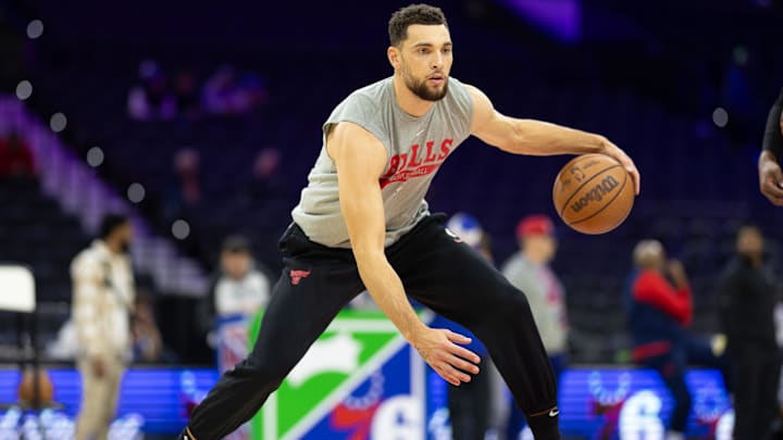 Dec 18, 2023; Philadelphia, Pennsylvania, USA; Chicago Bulls guard Zach LaVine warms up before a game against the Philadelphia 76ers at Wells Fargo Center. Mandatory Credit: Bill Streicher-Imagn Images