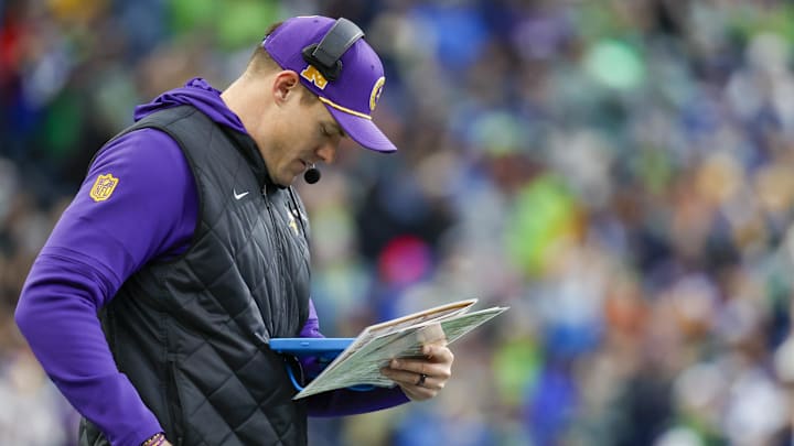 Dec 22, 2024; Seattle, Washington, USA; Minnesota Vikings head coach Kevin O'Connell stands on the sidelines against the Seattle Seahawks during the third quarter against the Seattle Seahawks at Lumen Field.