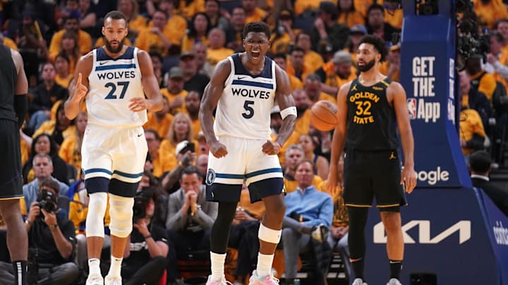 May 12, 2025; San Francisco, California, USA; Minnesota Timberwolves guard Anthony Edwards (5) reacts after making a shot while being fouled against the Golden State Warriors in the third quarter during game four of the second round for the 2025 NBA Playoffs at Chase Center. Mandatory Credit: Cary Edmondson-Imagn Images
