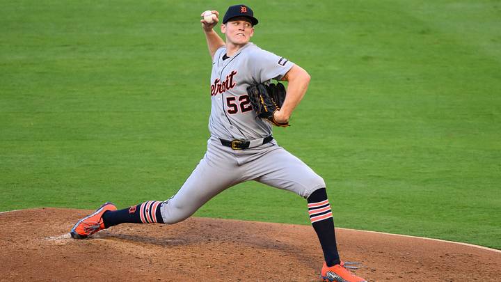 Jul 17, 2026; Anaheim, California, USA; Detroit Tigers pitcher Troy Melton (52) delivers during the second inning against the Los Angeles Angels at Angel Stadium. Mandatory Credit: William Liang-Imagn Images