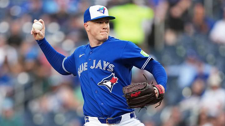 Blue Jays starting pitcher Braydon Fisher (63) throws a pitch against the Miami Marlins during the first inning at the Rogers Centre. Blue Jays starting pitcher Braydon Fisher (63) throws a pitch against the Miami Marlins during the first inning at the Rogers Centre.