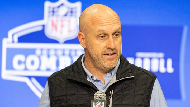 Feb 27, 2024; Indianapolis, IN, USA; Arizona Cardinals general manager Monti Ossenfort talks to the