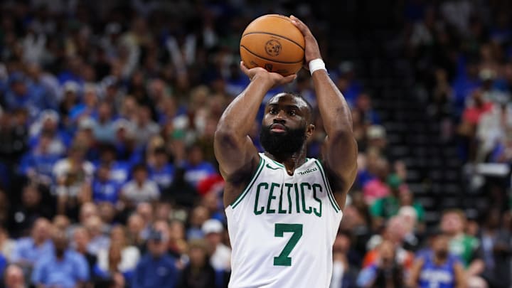 Boston Celtics guard Jaylen Brown (7) shoots a free throw against the Orlando Magic in the third quarter during game four of first round for the 2025 NBA Playoffs at Kia Center. 