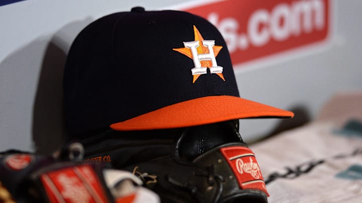 Sep 27, 2019; Anaheim, CA, USA; A detailed view of a Houston Astros baseball cap in the dugout during the third inning against the Los Angeles Angels at Angel Stadium of Anaheim. Mandatory Credit: Orlando Ramirez-Imagn Images