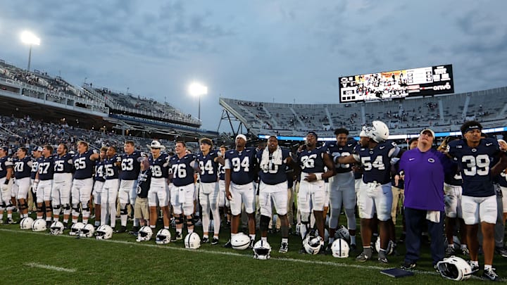 Penn State Nittany Lions players sing their alma mater following a win over the Villanova Wildcats at Beaver Stadium. Penn State Nittany Lions players sing their alma mater following a win over the Villanova Wildcats at Beaver Stadium.