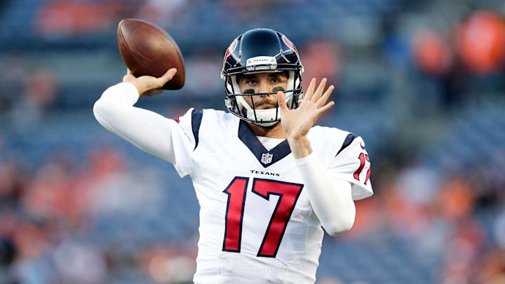 Oct 24, 2016; Denver, CO, USA; Houston Texans quarterback Brock Osweiler (17) warms up before the game against the Denver Broncos at Sports Authority Field at Mile High. Mandatory Credit: Isaiah J. Downing-Imagn Images