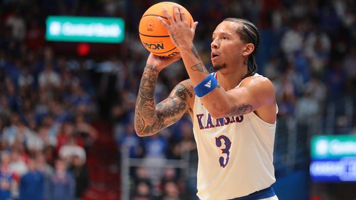 Kansas Jayhawks guard Tre White (3) lines up a three against Pittsburg State Gorillas during the game inside Allen Fieldhouse on Oct. 16, 2026. Kansas Jayhawks guard Tre White (3) lines up a three against Pittsburg State Gorillas during the game inside Allen Fieldhouse on Oct. 16, 2026.