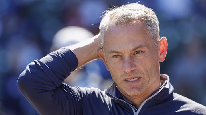 Oct 1, 2022; Chicago, Illinois, USA; Chicago Cubs President of baseball operations Jed Hoyer looks
