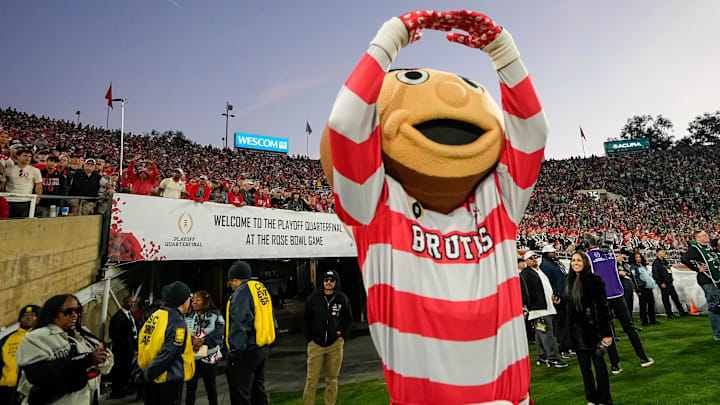 Ohio State Buckeyes mascot Brutus cheers during the second half of the College Football Playoff quarterfinal against the Oregon Ducks at the Rose Bowl in Pasadena, Calif. on Jan. 1, 2025. Ohio State won 41-21. Ohio State Buckeyes mascot Brutus cheers during the second half of the College Football Playoff quarterfinal against the Oregon Ducks at the Rose Bowl in Pasadena, Calif. on Jan. 1, 2025. Ohio State won 41-21.