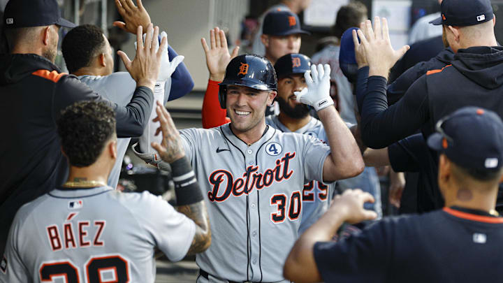 Jun 2, 2025; Chicago, Illinois, USA; Detroit Tigers designated hitter Kerry Carpenter (30) celebrates with teammates in the dugout after hitting a two-run home run against the Chicago White Sox during the fourth inning at Rate Field. Jun 2, 2025; Chicago, Illinois, USA; Detroit Tigers designated hitter Kerry Carpenter (30) celebrates with teammates in the dugout after hitting a two-run home run against the Chicago White Sox during the fourth inning at Rate Field.
