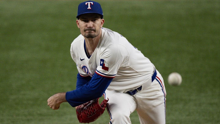 Aug 21, 2024; Arlington, Texas, USA; Texas Rangers starting pitcher Andrew Heaney (44) pitches against the Pittsburgh Pirates during the first inning at Globe Life Field. 