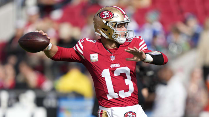 November 17, 2024; Santa Clara, California, USA; San Francisco 49ers quarterback Brock Purdy (13) warms up before the game against the Seattle Seahawks at Levi's Stadium. Mandatory Credit: Kyle Terada-Imagn Images