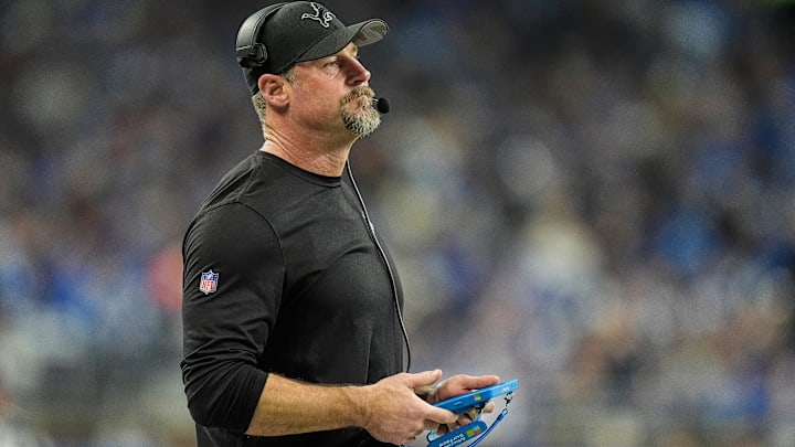 Detroit Lions head coach Dan Campbell watches a play against Washington Commanders during the first half of the NFC divisional round at Ford Field in Detroit on Saturday, Jan. 18, 2025.