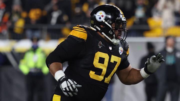 Dec 15, 2025; Pittsburgh, Pennsylvania, USA; Pittsburgh Steelers defensive tackle Cameron Heyward (97) looks on during the first quarter against the Miami Dolphins at Acrisure Stadium. Mandatory Credit: Charles LeClaire-Imagn Images
