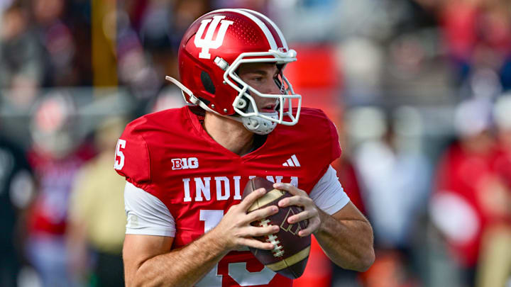 Indiana quarterback Fernando Mendoza prepares to throw a pass Nov. 15, 2025, against Wisconsin at Memorial Stadium.