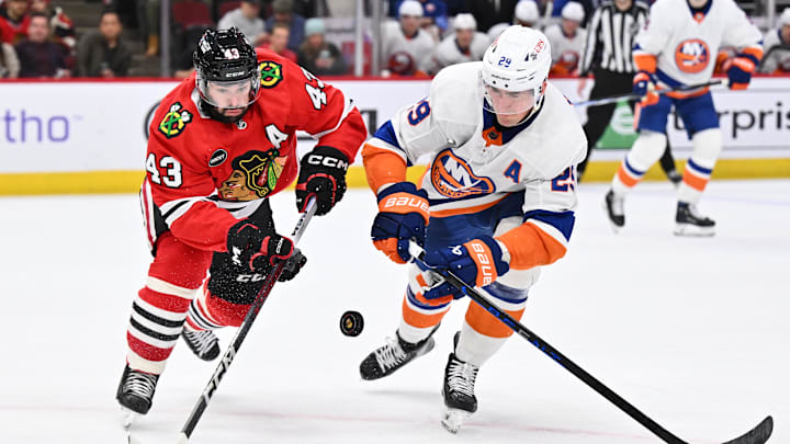 Jan 19, 2024; Chicago, Illinois, USA; Chicago Blackhawks forward Colin Blackwell (43) and New York