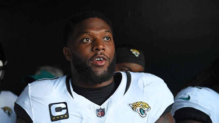 Nov 3, 2024; Philadelphia, Pennsylvania, USA; Jacksonville Jaguars defensive end Josh Hines-Allen (41) in the tunnel against the Philadelphia Eagles at Lincoln Financial Field. 