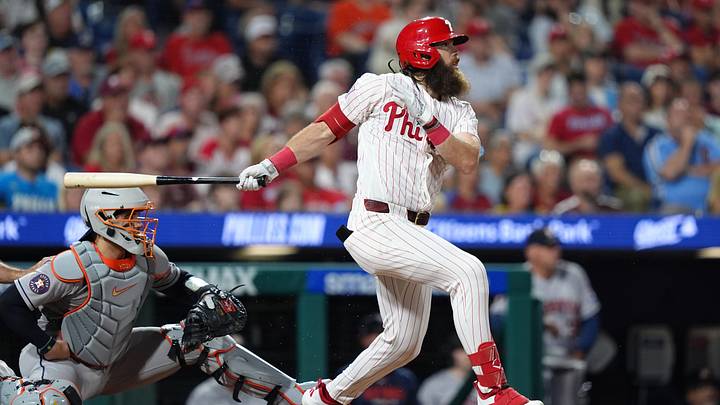 Sep 8, 2026; Philadelphia, Pennsylvania, USA; Philadelphia Phillies outfielder Brandon Marsh (16) hits an RBI double against the Houston Astros in the seventh inning at Citizens Bank Park. Mandatory Credit: Kyle Ross-Imagn Images Sep 8, 2026; Philadelphia, Pennsylvania, USA; Philadelphia Phillies outfielder Brandon Marsh (16) hits an RBI double against the Houston Astros in the seventh inning at Citizens Bank Park. Mandatory Credit: Kyle Ross-Imagn Images