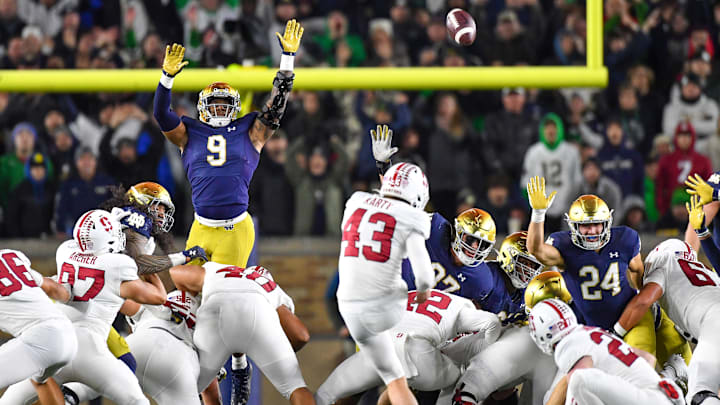 Oct 15, 2022; South Bend, Indiana, USA; Stanford Cardinal kicker Joshua Karty (43) kicks a field goal in the fourth quarter against the Notre Dame Fighting Irish at Notre Dame Stadium. Oct 15, 2022; South Bend, Indiana, USA; Stanford Cardinal kicker Joshua Karty (43) kicks a field goal in the fourth quarter against the Notre Dame Fighting Irish at Notre Dame Stadium.