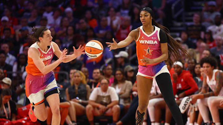 Jul 20, 2024: Caitlin Clark (and Angel Reese against the USA Women's National Team during the 2024 WNBA All Star Game Jul 20, 2024: Caitlin Clark (and Angel Reese against the USA Women's National Team during the 2024 WNBA All Star Game