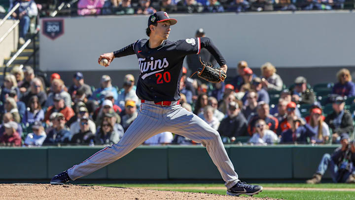 Feb 23, 2026; Lakeland, Florida, USA; Minnesota Twins pitcher Mick Abel (20) pitches during the third inning against the Detroit Tigers at Publix Field at Joker Marchant Stadium. Mandatory Credit: Mike Watters-Imagn Images Feb 23, 2026; Lakeland, Florida, USA; Minnesota Twins pitcher Mick Abel (20) pitches during the third inning against the Detroit Tigers at Publix Field at Joker Marchant Stadium. Mandatory Credit: Mike Watters-Imagn Images