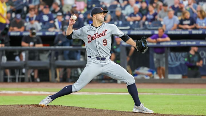 St. Petersburg, Florida, USA; Detroit Tigers pitcher Jack Flaherty (9) pitches during the first inning against the Tampa Bay Rays at George M. Steinbrenner Field. St. Petersburg, Florida, USA; Detroit Tigers pitcher Jack Flaherty (9) pitches during the first inning against the Tampa Bay Rays at George M. Steinbrenner Field.