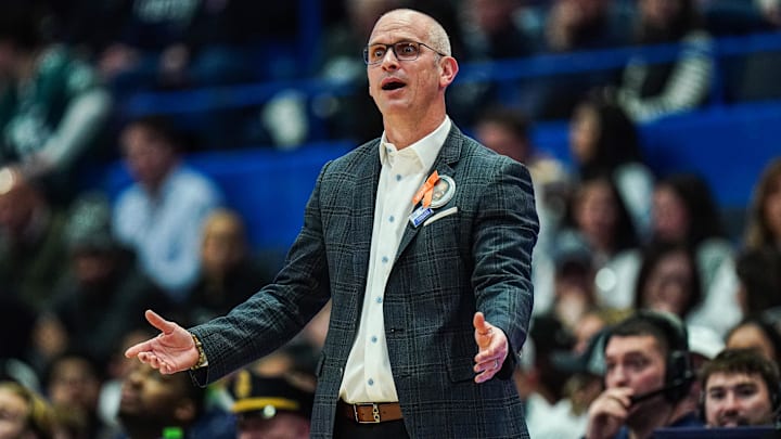 Jan 29, 2025; Hartford, Connecticut, USA; UConn Huskies head coach Dan Hurley watches from the sideline as they take on the DePaul Blue Demons at XL Center. Mandatory Credit: David Butler II-Imagn Images