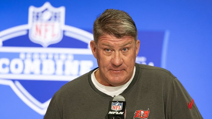 Tampa Bay Buccaneers general manager Jason Licht talks to the media at the 2024 NFL Combine.