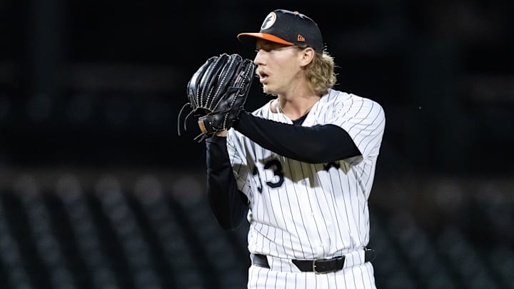 Nov 9, 2025; Mesa, AZ, USA; Chicago White Sox pitcher Hagen Smith during the Arizona Fall League Fall Stars Game at Sloan Park. Mandatory Credit: Mark J. Rebilas-Imagn Images