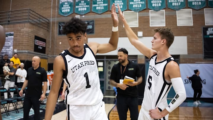 Jan 4, 2025; Gilbert, AZ, USA; Utah Prep Academy guard Anthony Felesi (1) and guard John Southwick (5) against Faith Family Academy (TX) during the Hoophall West High School Invitational at Highland High School. Mandatory Credit: Mark J. Rebilas-Imagn Images
