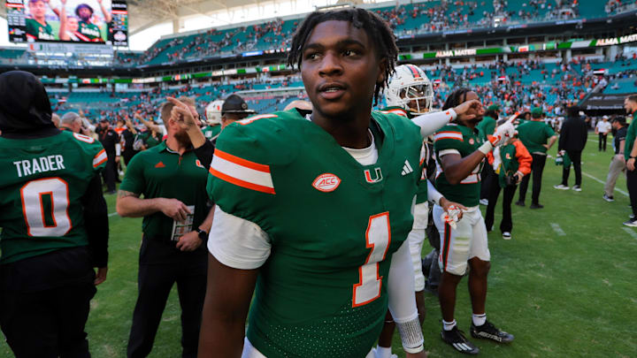 Nov 23, 2024; Miami Gardens, Florida, USA; Miami Hurricanes quarterback Cam Ward (1) looks on from the field after the game against the Wake Forest Demon Deacons at Hard Rock Stadium. Mandatory Credit: Sam Navarro-Imagn Images Nov 23, 2024; Miami Gardens, Florida, USA; Miami Hurricanes quarterback Cam Ward (1) looks on from the field after the game against the Wake Forest Demon Deacons at Hard Rock Stadium. Mandatory Credit: Sam Navarro-Imagn Images