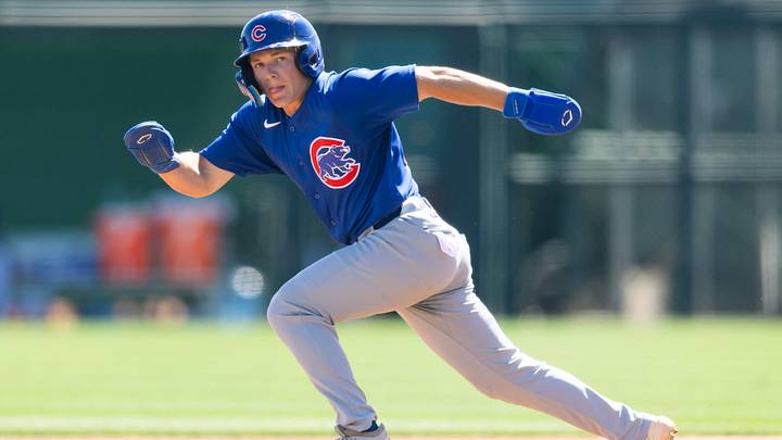 Mar 13, 2026; Phoenix, Arizona, USA; Chicago Cubs outfielder Kane Kepley against the Chicago White Sox during a spring training game at Camelback Ranch-Glendale. Mandatory Credit: Mark J. Rebilas-Imagn Images