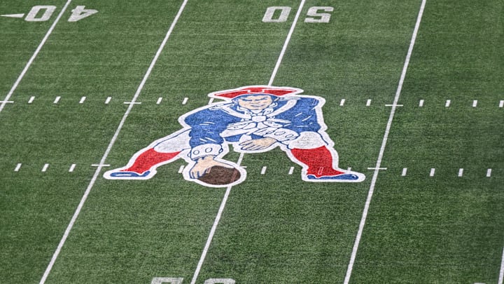Dec 1, 2024; Foxborough, Massachusetts, USA; A general overview of the game field with the Pat Patriot throwback logo at Gillette Stadium prior to a game against the Indianapolis Colts. Mandatory Credit: Eric Canha-Imagn Images Dec 1, 2024; Foxborough, Massachusetts, USA; A general overview of the game field with the Pat Patriot throwback logo at Gillette Stadium prior to a game against the Indianapolis Colts. Mandatory Credit: Eric Canha-Imagn Images