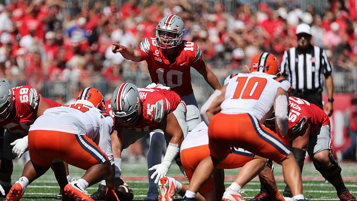 Sep 26, 2026; Columbus, Ohio, USA;  Ohio State Buckeyes quarterback Julian Sayin (10) signals during the first half against the Illinois Fighting Illini at Ohio Stadium.  Mandatory Credit: Joseph Maiorana-Imagn Images