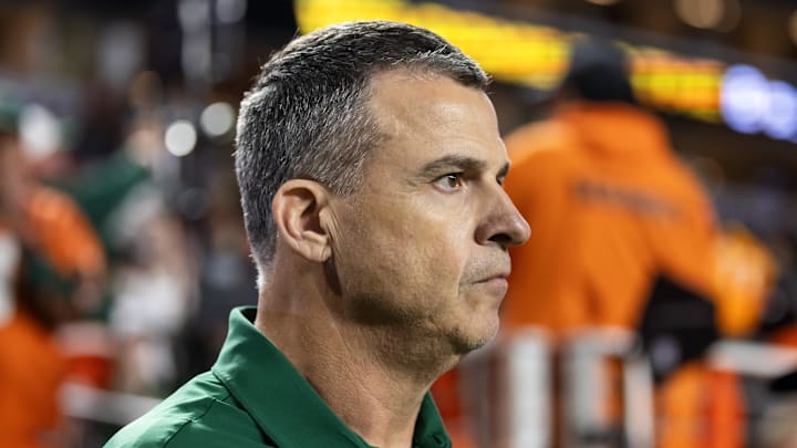 Jan 19, 2026; Miami Gardens, FL, USA; Miami Hurricanes head coach Mario Cristobal against the Indiana Hoosiers during the College Football Playoff National Championship game at Hard Rock Stadium. Mandatory Credit: Mark J. Rebilas-Imagn Images