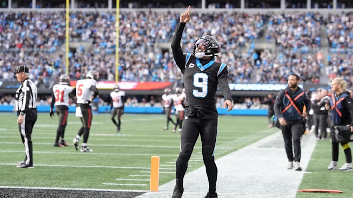 Dec 21, 2025; Charlotte, North Carolina, USA; Carolina Panthers quarterback Bryce Young (9) celebrates after a play during the second half against the Tampa Bay Buccaneers at Bank of America Stadium. Mandatory Credit: Jim Dedmon-Imagn Images