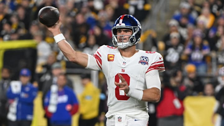 Oct 28, 2024; Pittsburgh, Pennsylvania, USA; New York Giants quarterback Daniel Jones (8) throws a pass against the Pittsburgh Steelers during the first quarter at Acrisure Stadium. Mandatory Credit: Barry Reeger-Imagn Images