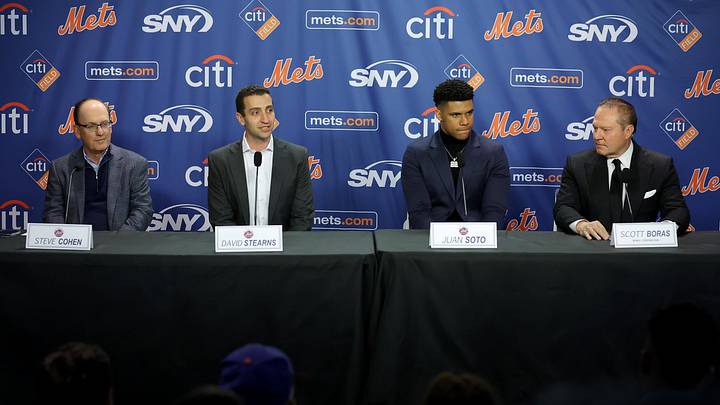 New York Mets owner Steve Cohen (left to right) and general manager David Stearns and right fielder Juan Soto and Soto's agent Scott Boras.