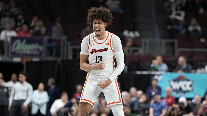 March 8, 2026; Las Vegas, NV, USA; Oregon State Beavers forward Isaiah Sy (13) celebrates against the San Francisco Dons during the second half at Orleans Arena. March 8, 2026; Las Vegas, NV, USA; Oregon State Beavers forward Isaiah Sy (13) celebrates against the San Francisco Dons during the second half at Orleans Arena.