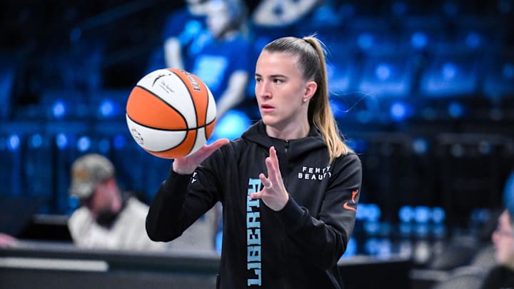New York Liberty guard Sabrina Ionescu warms up before a game against the Seattle Storm at Barclays Center. New York Liberty guard Sabrina Ionescu warms up before a game against the Seattle Storm at Barclays Center.