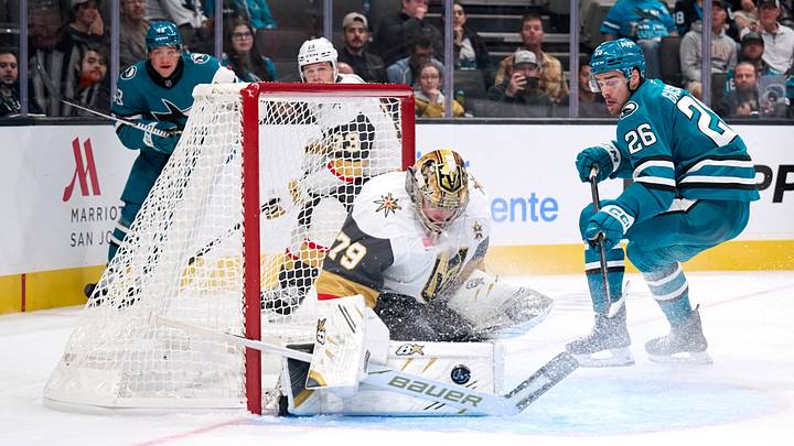 Sep 22, 2026; San Jose, California, USA; San Jose Sharks center Andre Gasseau shoots the puck against Vegas Golden Knights goaltender Carter Hart (79) during the second period at SAP Center at San Jose. Mandatory Credit: Robert Edwards-Imagn Images