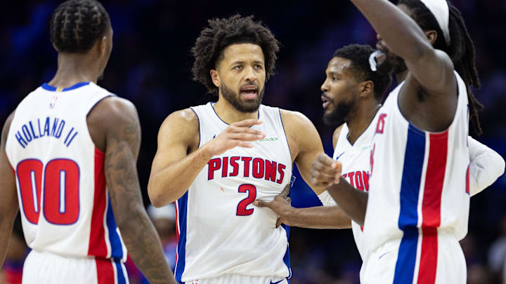 Oct 30, 2024; Philadelphia, Pennsylvania, USA; Detroit Pistons guard Cade Cunningham (2) talks with his teammates during a timeout in the fourth quarter against the Philadelphia 76ers at Wells Fargo Center. Mandatory Credit: Bill Streicher-Imagn Images