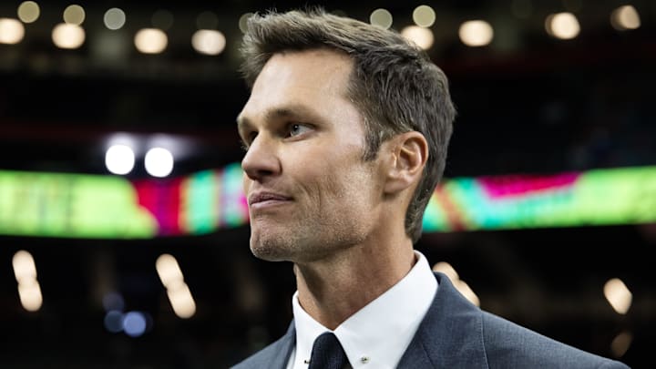 Feb 9, 2025; New Orleans, LA, USA; Fox Sports announcer Tom Brady on the field before Super Bowl LIX between the Philadelphia Eagles and the Kansas City Chiefs at Ceasars Superdome. Mandatory Credit: Mark J. Rebilas-Imagn Images