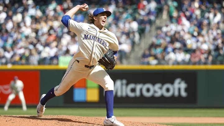 Seattle Mariners pitcher Logan Gilbert throws during a game against the Texas Rangers on April 13 at T-Mobile Park. Seattle Mariners pitcher Logan Gilbert throws during a game against the Texas Rangers on April 13 at T-Mobile Park.