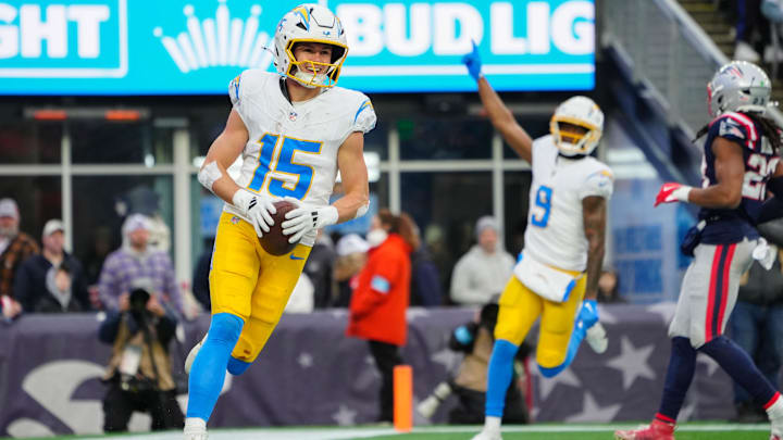 Los Angeles Chargers wide receiver Ladd McConkey reacts to scoring a touchdown against the New England Patriots