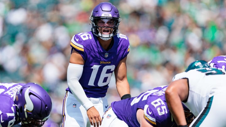 Aug 24, 2024; Philadelphia, Pennsylvania, USA; Minnesota Vikings quarterback Jaren Hall (16) calls out before the snap during the second quarter against the Philadelphia Eagles at Lincoln Financial Field.