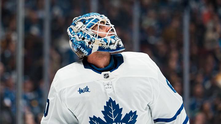 Jan 31, 2026; Vancouver, British Columbia, CAN; Toronto Maple Leafs goalie Joseph Woll (60) during a stop in play against the Vancouver Canucks in the second period at Rogers Arena. Mandatory Credit: Bob Frid-Imagn Images