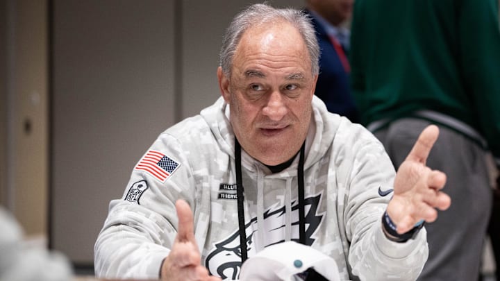 Feb 5, 2025; New Orleans, LA, USA; Philadelphia Eagles defensive coordinator Vic Fangio speaks with the media during a press conference at Hilton New Orleans Riverside. Mandatory Credit: Bill Streicher-Imagn Images